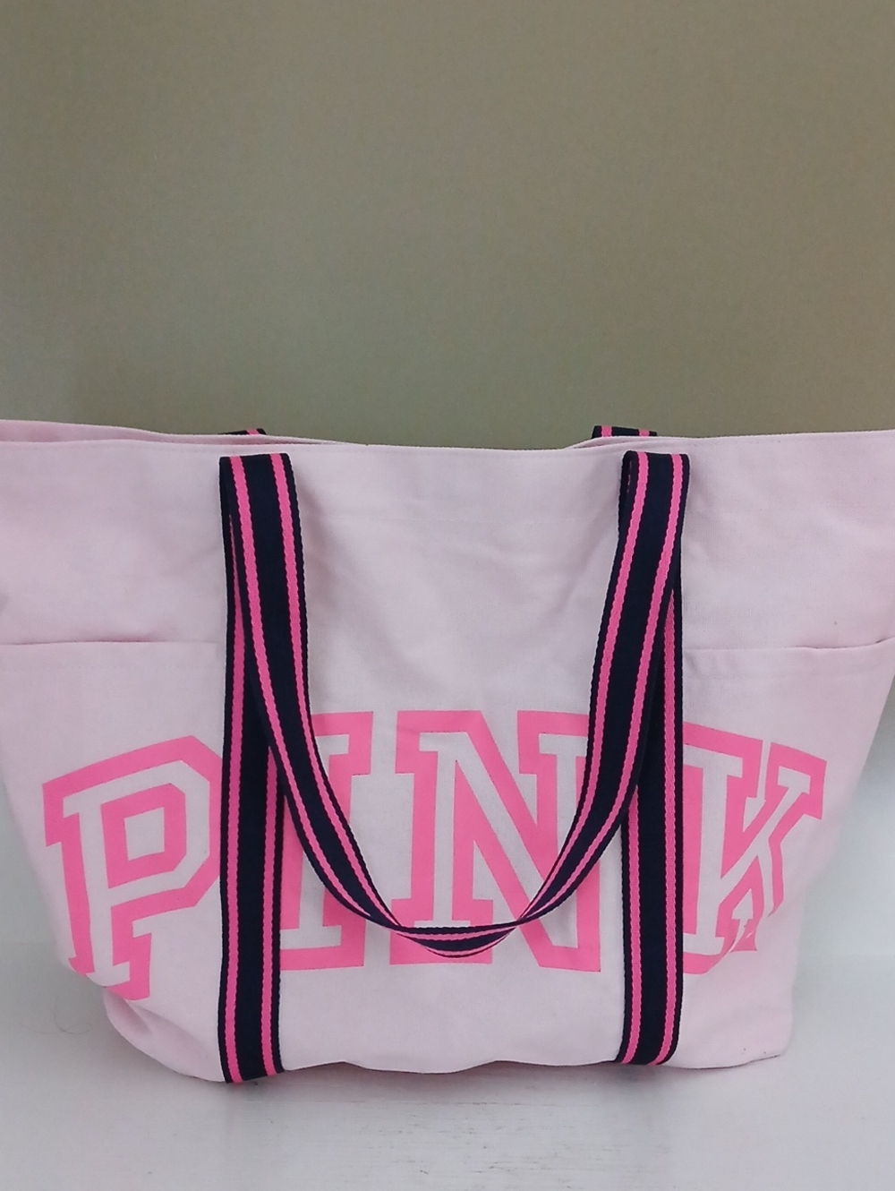 PINK Victoria's Secret Lightweight Pink Canvas Tote with Striped Handles